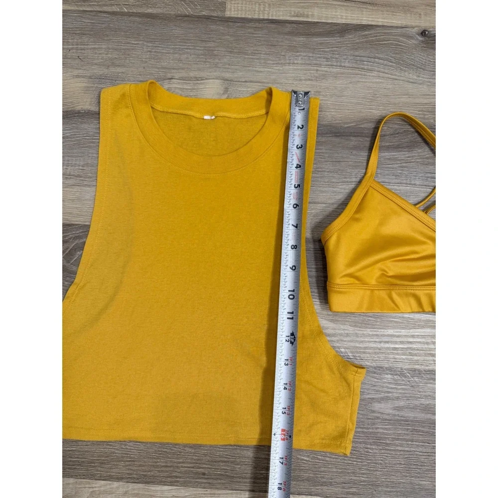 Alo Yoga Mustard Yellow 2 Piece Set Muscle Tank and Strappy Sports Bra Small